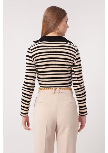 Kadın Bej Çizgili Örme Kazak indirimleri