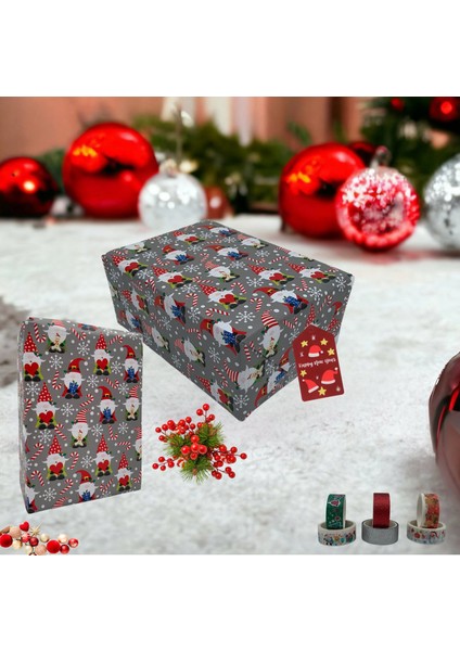 Roco Paper Co. Italyan Kuşe Hediye Paketleme Kağıdı, Cüce Noel Baba Desenli Ambalaj Kağıdı, 10 Adet, No: 70 x 100  cm