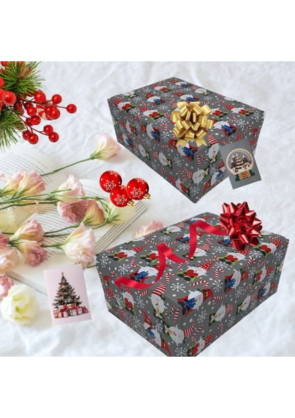 Roco Paper Co. Italyan Kuşe Hediye Paketleme Kağıdı, Cüce Noel Baba Desenli Ambalaj Kağıdı, 10 Adet, No: 70 x 100  cm