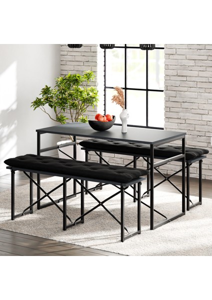 Masa Takımı Minderli Bench Bank Masa Seti 120X60 Masa Mutfak Masası Yemek Masası Füme 1556
