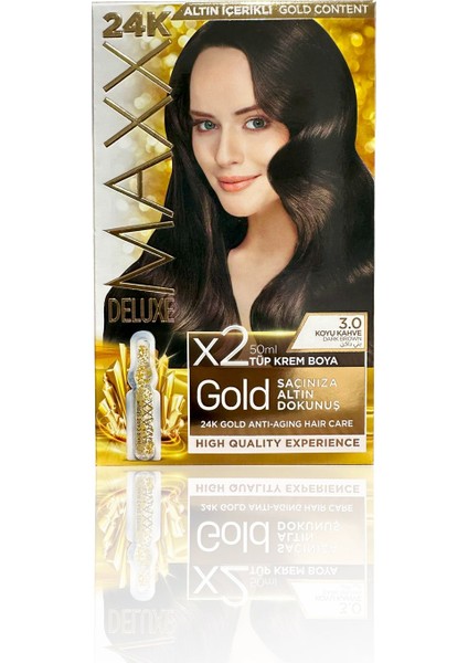 Golden Beauty 24K Altın Içerikli Saç Boyası Seti - Kalıcı 3.0, Koyu Kahve 60MLX2