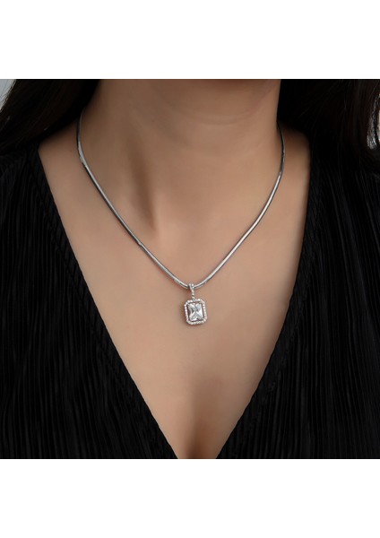 925 Ayar Gümüş Pırlanta Modeli Italyan Zincir Dörtgen Kolye, Kadın Kolye