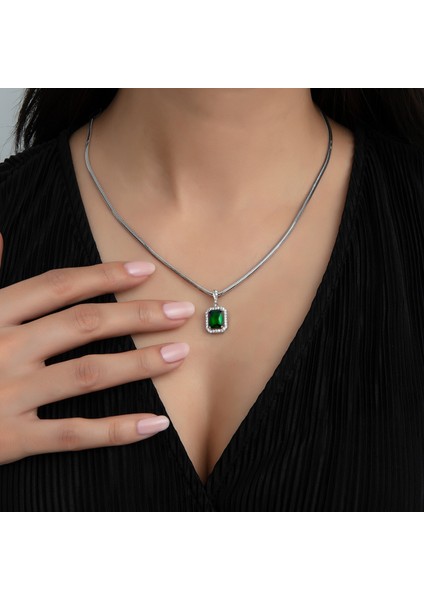 Usho Jewelry 925 Ayar Gümüş Pırlanta Modeli Italyan Zincir Dörtgen Kolye, Kadın Kolye