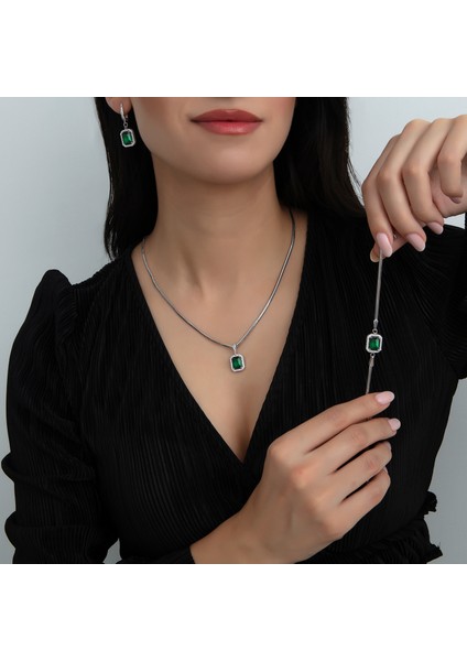 Usho Jewelry 925 Ayar Gümüş Pırlanta Modeli Italyan Zincir Dörtgen Kolye, Kadın Kolye