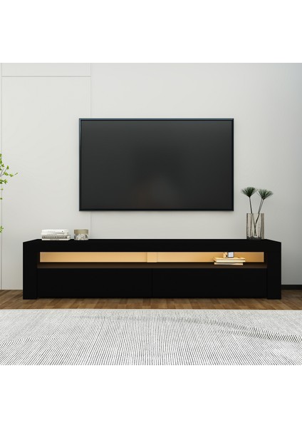 Batı LED Işıklı 2 Kapaklı Tv Ünitesi Tv Sehpası Siyah