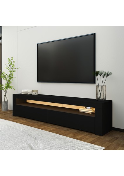 Batı LED Işıklı 2 Kapaklı Tv Ünitesi Tv Sehpası Siyah