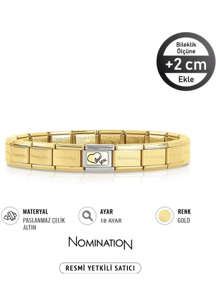 Italy Composable 18 Ayar Altın Love Yazılı Kalp ve Çelik Bileklik Gold