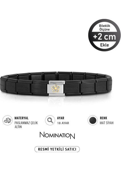 Italy Composable 18 Ayar Altın Glitterlı Çiçek ve Çelik Bileklik Mat Siyah