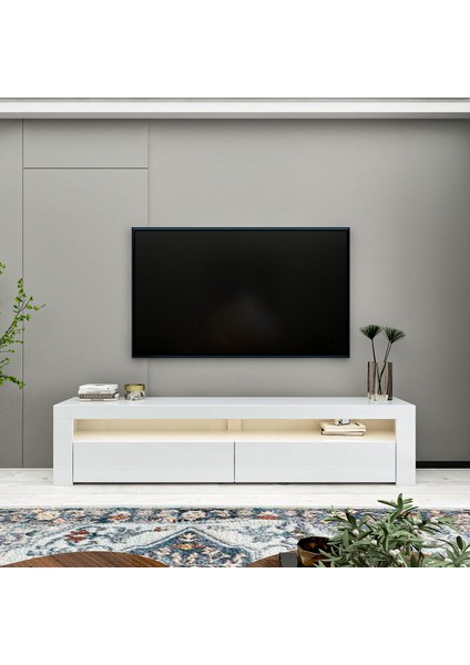 Batı LED Işıklı 2 Kapaklı Tv Ünitesi Tv Sehpası Parlak Beyaz