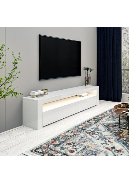 Batı LED Işıklı 2 Kapaklı Tv Ünitesi Tv Sehpası Parlak Beyaz