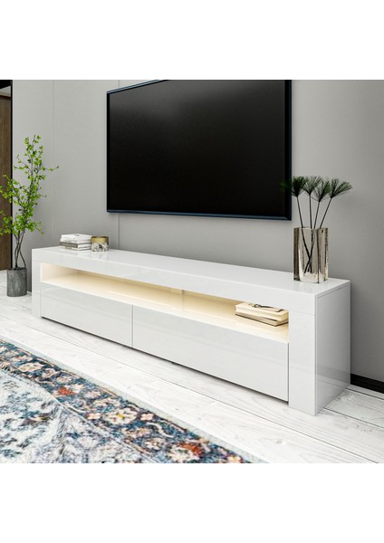 Batı LED Işıklı 2 Kapaklı Tv Ünitesi Tv Sehpası Parlak Beyaz