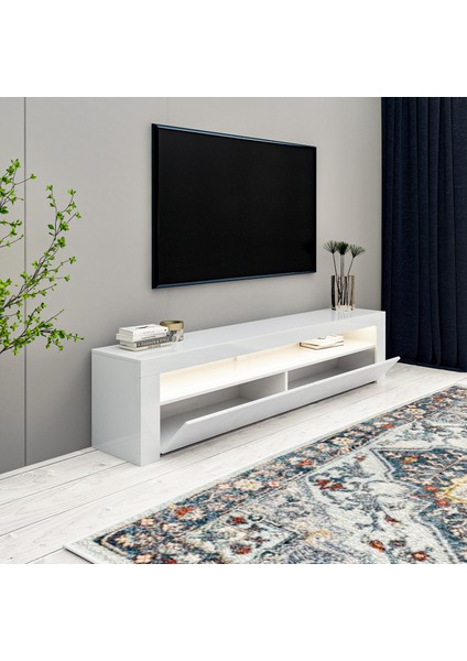 Batı LED Işıklı 2 Kapaklı Tv Ünitesi Tv Sehpası Parlak Beyaz