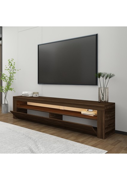 Batı LED Işıklı 2 Kapaklı Tv Ünitesi Tv Sehpası Ceviz