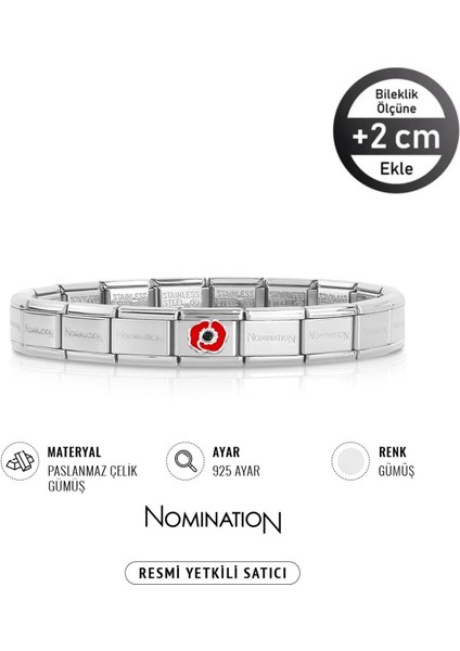 Italy Composable 925 Ayar Gümüş Zirkon Siyah Taşlı Kırmızı Çiçek ve Çelik Bileklik Sılver