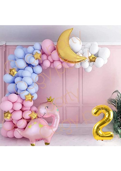 Pembe Dinazor Ay Yıldız Detaylı Yaş Seçenekli Balon Doğum Günü Yeni Doğan Balon Parti Kutlama Seti