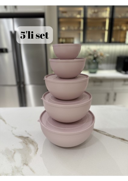 5'li Set Yuvarlak, Kapaklı Saklama Kabı, Hamur Leğeni, Erzak Kabı, (6L + 4L + 2,5L + 1,2L + 0,6L), (5 ADET), Pudra Rengi