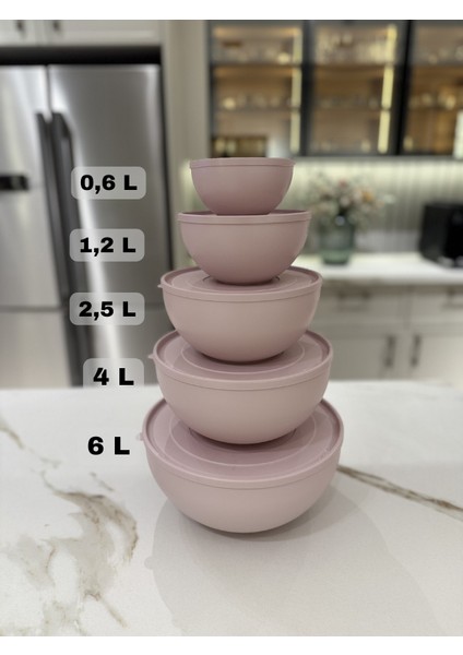 5'li Set Yuvarlak, Kapaklı Saklama Kabı, Hamur Leğeni, Erzak Kabı, (6L + 4L + 2,5L + 1,2L + 0,6L), (5 ADET), Pudra Rengi