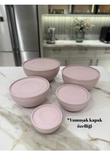 5'li Set Yuvarlak, Kapaklı Saklama Kabı, Hamur Leğeni, Erzak Kabı, (6L + 4L + 2,5L + 1,2L + 0,6L), (5 ADET), Pudra Rengi