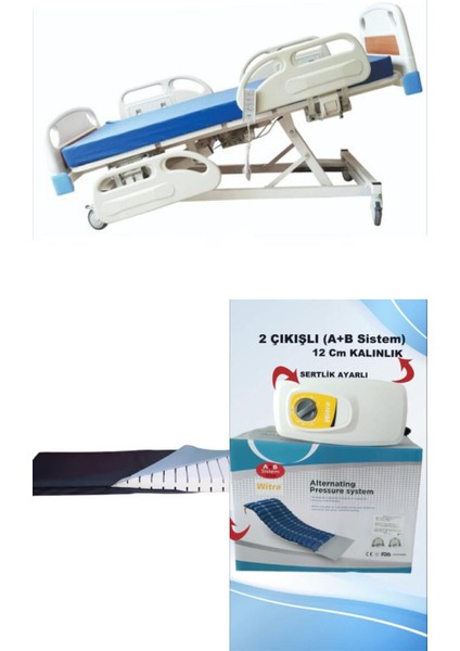 4 Motorlu Full Abs Hasta Karyolası + Lazer Kesim Yatak + 2 Çıkışlı A+B Sistemli 12 cm Boru Tipi Havalı Yatak Takım