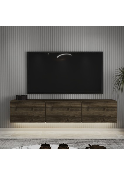 Neon LED Işıklı Duvara Monte,3 Kapaklı Tv Ünitesi,tv Sehpası Istanbul Ceviz