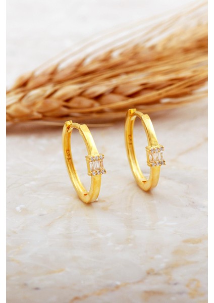 20 mm Baget Taşlı Tasarım Altın Kaplama Gümüş Küpe 7167