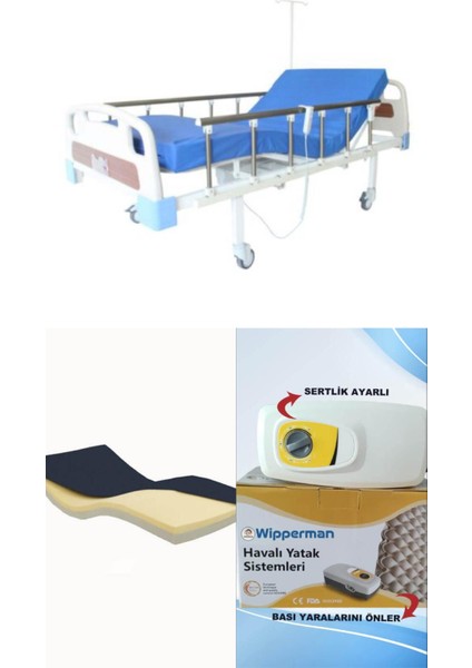 2 Motorlu Abs Başlıklı Tabanca Korkuluklu Hasta Karyolası Baklava Tipi Havalı Yataklı Takım