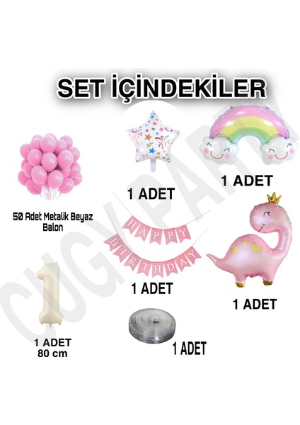 Kız Doğum Günü Süsü Parti Seti Dinozor ve Sevimli Gökkuşağı Figürlü Pembe Balon Zinciri Seti fiyatları