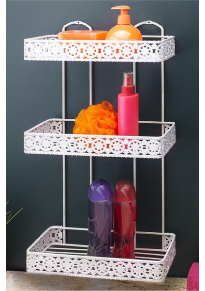 Desenli 3 Katlı Metal Banyo Duş Rafı Beyaz, Şık ve Kullanışlı Tasarım