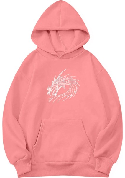 Unisex Oversize Dragon Kristal Taş Baskılı Hoodie Pembe