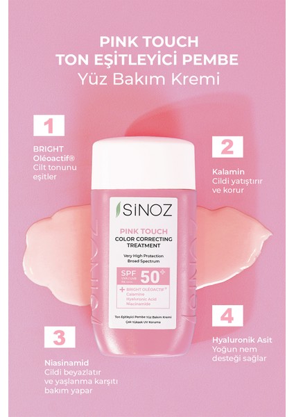 Sinoz Pink Touch Anında Ton Eşitleyici Pembe Yüz Bakım Kremi Spf50 - Mineral Güneş Filtresi 50ml