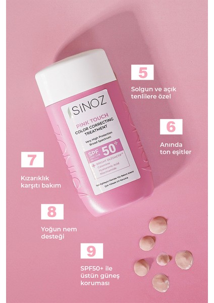 Sinoz Pink Touch Anında Ton Eşitleyici Pembe Yüz Bakım Kremi Spf50 - Mineral Güneş Filtresi 50ml