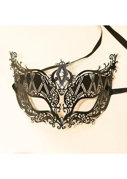 Kristal Gümüş Taşlı Siyah Lazer Kesim Metal Lüks Maske