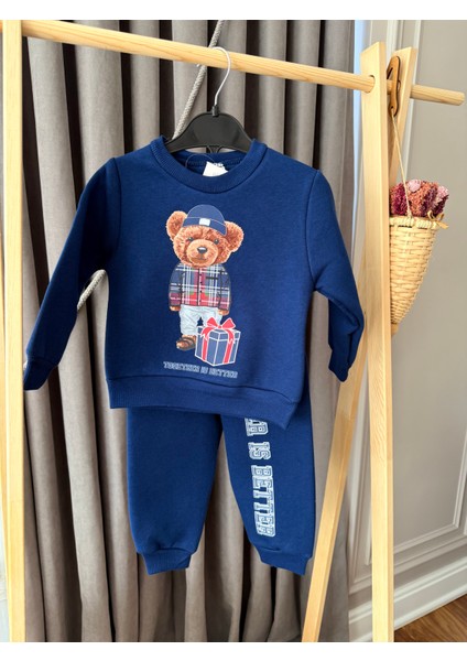 Teddy Ayıcık Baskılı 3 Iplik Şardonlu Sweat Lastikli Bel Eşofman Erkek Çocuk Takım