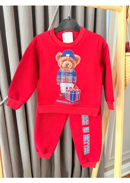 Teddy Ayıcık Baskılı 3 Iplik Şardonlu Sweat Lastikli Bel Eşofman Erkek Çocuk Takım