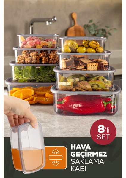 8li Hava Geçirmez Saklama Kabı Seti Antrasit 2X(250-500-750-1200 Ml)