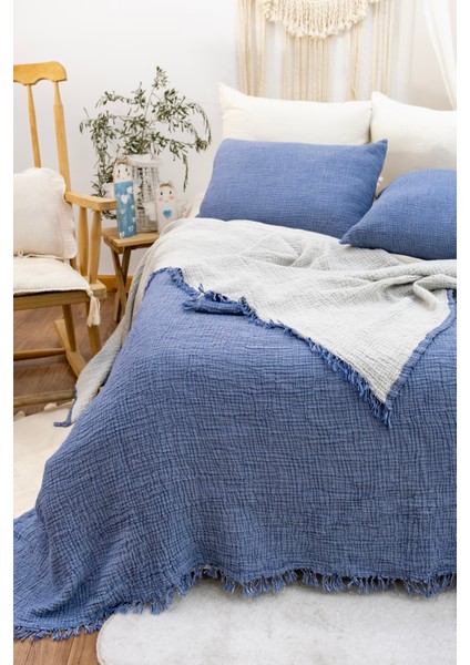 4 Katlı Müslin İndigo Renk 50X70 Cm. %100 Pamuklu 2 Adet Yastık Kılıfı