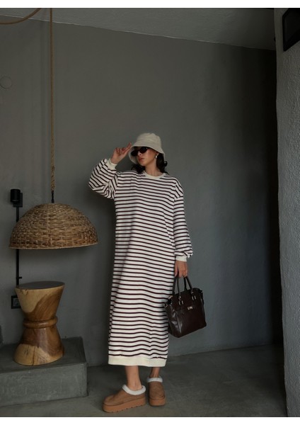 Kadın Bordo Çizgili 3 Iplik Şardonsuz Uzun Oversize Elbise 28288