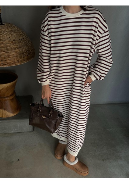 Kadın Bordo Çizgili 3 Iplik Şardonsuz Uzun Oversize Elbise 28288 fiyatları