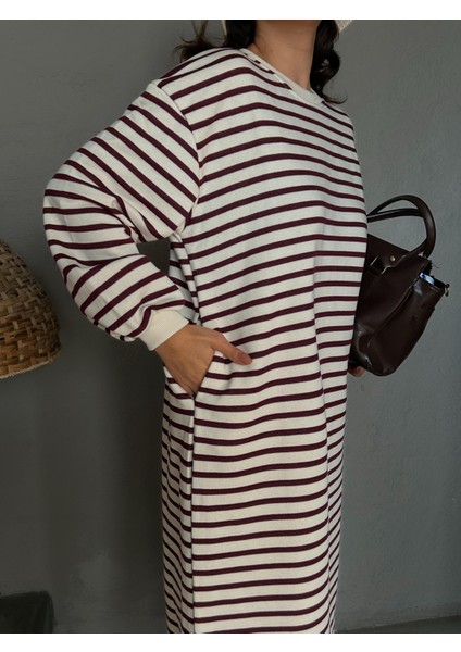 Kadın Bordo Çizgili 3 Iplik Şardonsuz Uzun Oversize Elbise 28288 modelleri