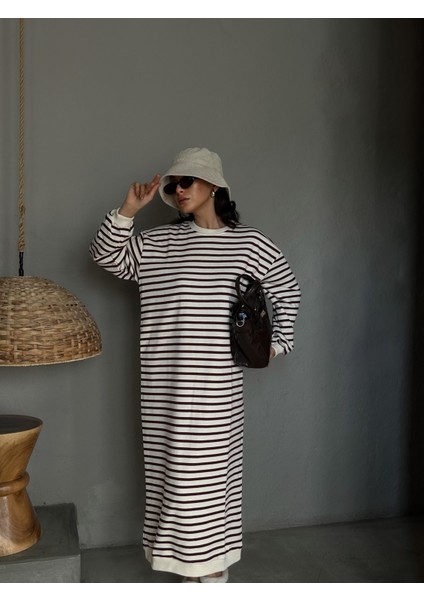 Kadın Bordo Çizgili 3 Iplik Şardonsuz Uzun Oversize Elbise 28288 fırsatları