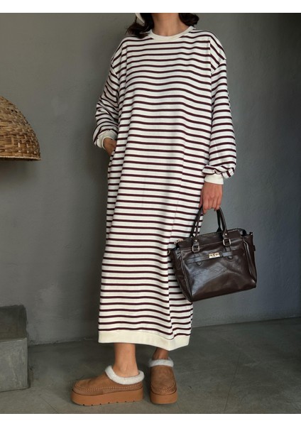 Kadın Bordo Çizgili 3 Iplik Şardonsuz Uzun Oversize Elbise 28288 indirimleri