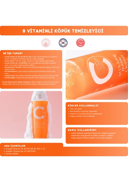 8 Çeşit Vitamin (A, B3, B5, B6, B7, B12, C, E) ve Amino asit İçeren Köpük Temizleyici