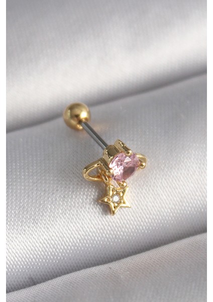 316L Çelik Gold Renk Pembe Zirkon Taşlı Sallantı Yıldız Detay Tragus Piercing - TJ-PR1236