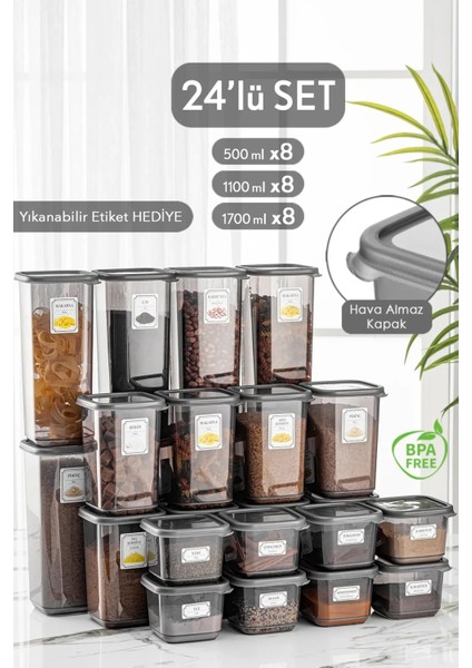 24'lü Kare Erzak Saklama Kabı Seti Antrasit 8x (0,50 lt-1,10 lt -1,70 lt) Etiketli