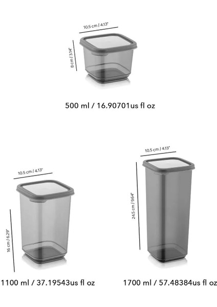 24'lü Kare Erzak Saklama Kabı Seti Antrasit 8x (0,50 lt-1,10 lt -1,70 lt) Etiketli