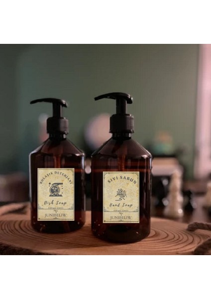 JUNİBELİW 2li Set Vintage Amber Plastik Şişe Sabunluk Bulaşık Deterjanlık Sıvı Sabunluk 2X500ML