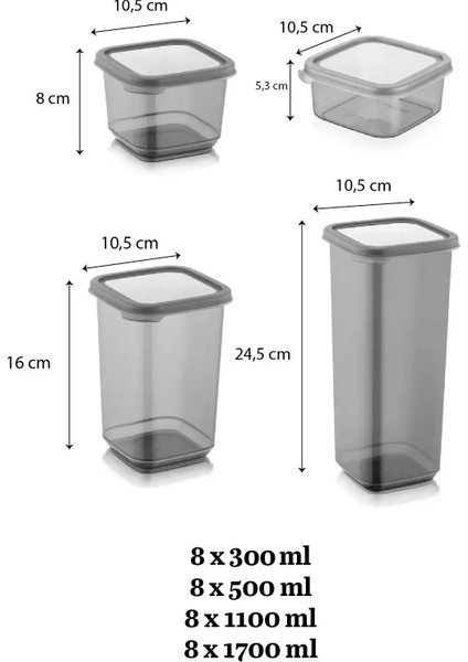 Maya 32'li Kapaklı Kare Erzak Saklama Kabı Seti 8x (0,3 lt-0,5 lt-1,1 Lt-1,7 lt) Baharatlık