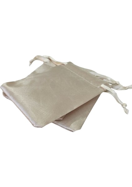 Saten & Parlak Kese Krem 10 Adet 9 x 12 cm Takı, Altın Kesesi (Ipli & Büzgülü)