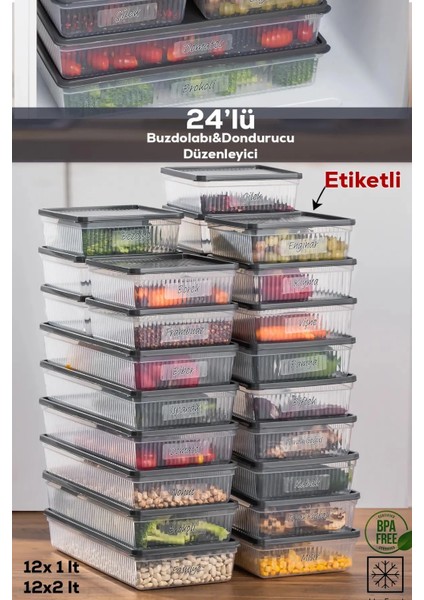 24 Lü 48 Parça Buzdolabı Düzenleyici Derin Dondurucu Etiketli Buzluk Bakliyat Saklama Kabı-Antrasit