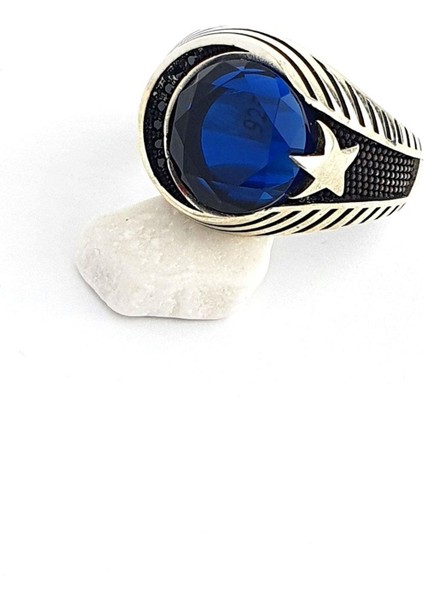 Oniks Taş Detaylı Lacivert zirkon Taşlı 925ayar Gümüş Ay Yıldız Erkek Yüzük